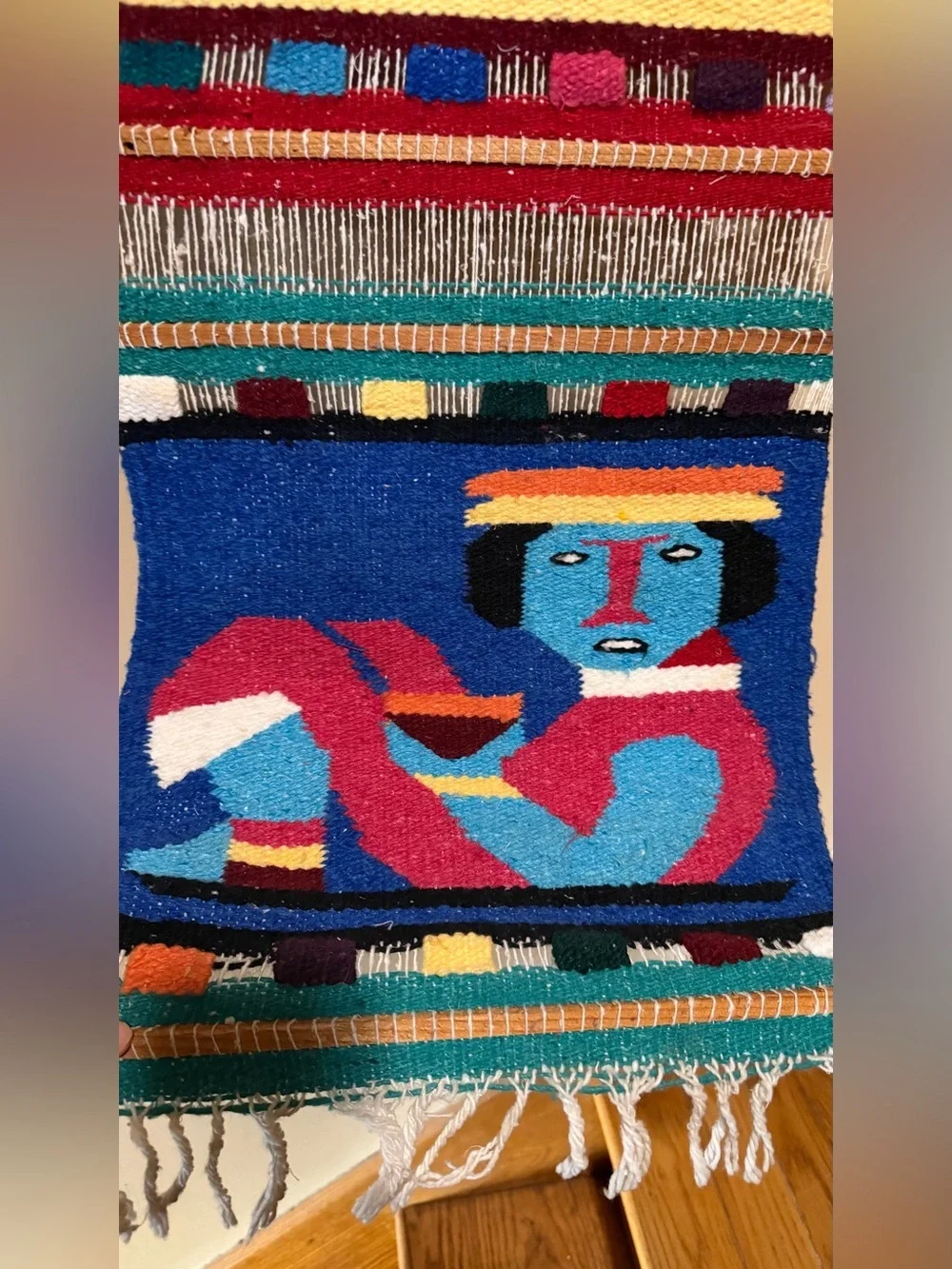 Vintage Mayan Aztec Tapestry Wall Hanging Handwoven Wool Boho Folk Art
